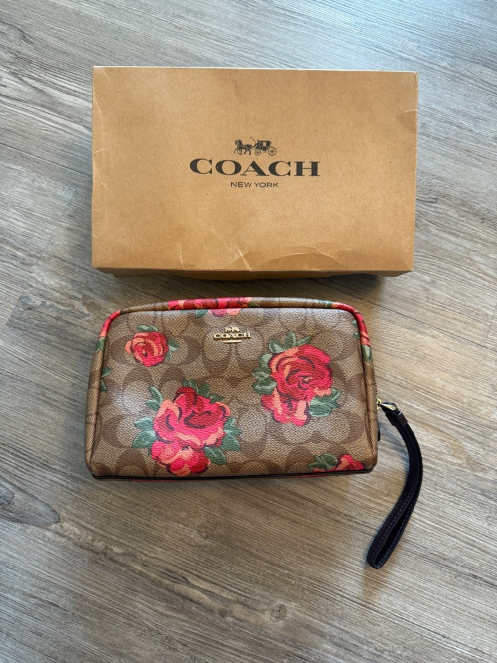 Coach Brown Signature Canvas Wristlet with Red Rose Print